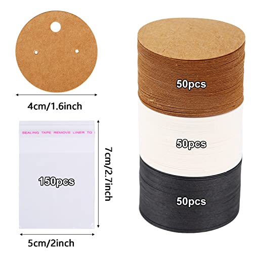 XXUOD 600 Pieces Display Cards Set, 150 Round Cardboard Earring Holder With 150 Self-Seal Bags and 300 Backs for Ear Studs - 3 Colors