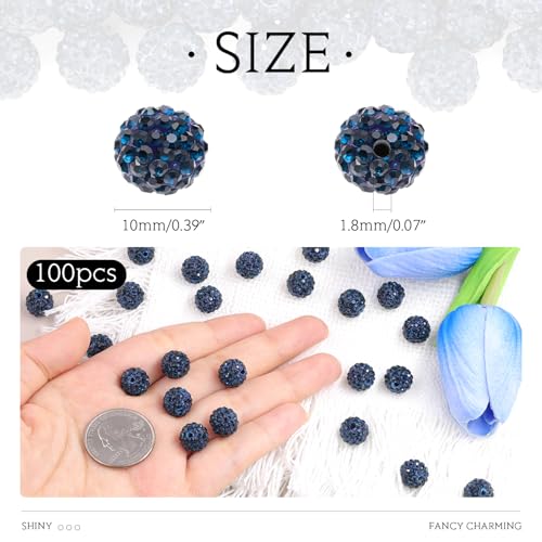 100 Pcs Blue Black Rhinestone Beads for Jewelry Making, Sparkle Crystal Clay Christmas for Bracelet Baseball Necklace Earring Crafting and DIY, Shiny Round Shamballa Disco Ball Beads Bulk - color: Blue Black, size: 100 pcs