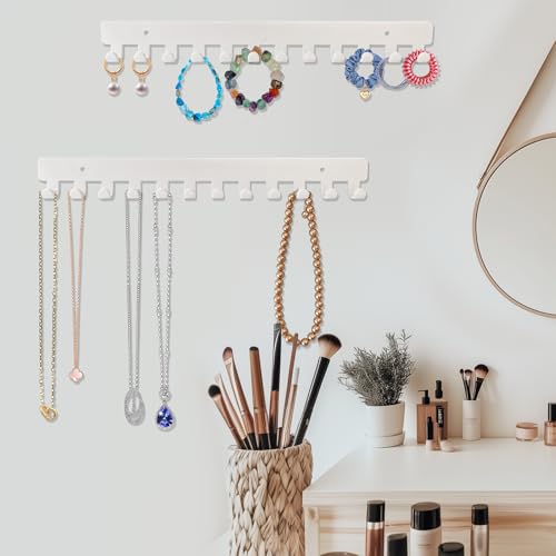 2 Pack Necklace Holder - Hanging Jewelry Organizer, Self-Adhesive, Wall Mount (White) - color: White