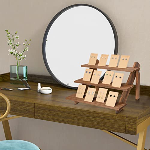 ZYP 51pcs 3-Tier Wood Earring Display Stand, Retail Jewelry Card Stand with Groove + 50 Cards Portable Ring Organizer Holder Showcase Racks for Business Home Using - color: Wood