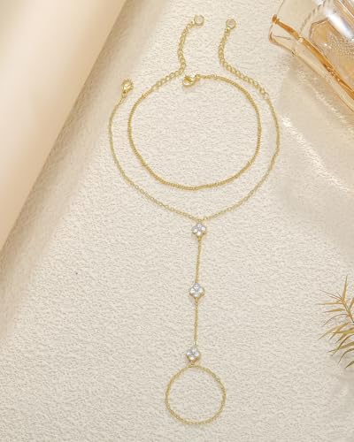 Gold Hand Chain Bracelets for Women Trendy Dainty Birthstone Clover Charm Ring Bracelet Hand Chain Set Non Tarnish 14K Gold Plated Stackable Finger Bracelets for Women Birthday Jewelry Gifts - color: 04. April(Diamond)