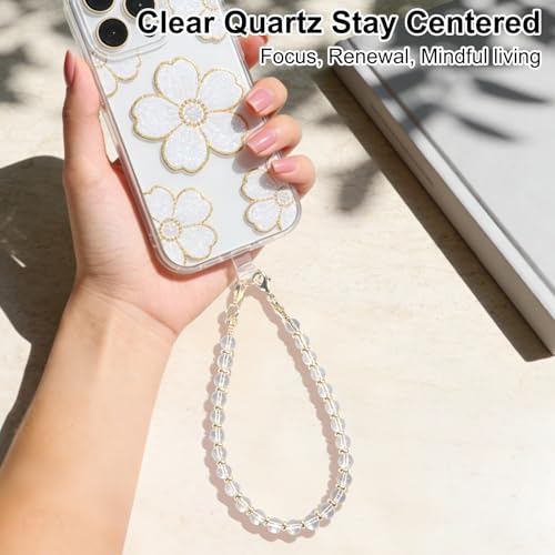 TEAMOLA Natural Stone Phone Charm, Handmade Crystal Cellphone Chain for Universal, Beaded Healing Anti Theft Phone Wrist Strap with Tether Tab, Clear Quartz - color: Clear