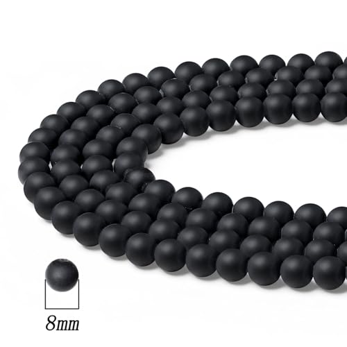 DUQGUHO Matte Agate Beads 8mm Natural Crystal Black Round Polishing Stone Genuine Gemstone Beads for DIY Jewelry Making 47 Pcs - color: Black#4