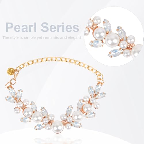 HOWWFALY Dog Cat Pearl Collars with Cute Pet Paw Gold Chain Stainless Steel Collars Necklace Adjustable Collar Dog Chain Cat White Pearl Pet Collar (White, M) - color: White, size: Medium