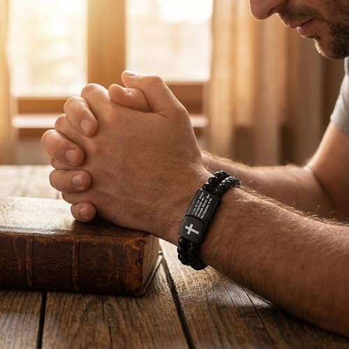 Mens Bracelet Fathers Gifts Day Black Braided Leather Stainless Steel Cross Jewelry Charming Bracelet Embedded with Black Agate Beads,Perfect for Wedding, Parties, and Everyday,Bible Verse Christian Religious Gift(7.5/8.5/9 Inch) - color: B+black+7.5