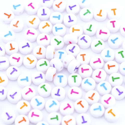300Pcs Colorful Letter Beads T 4X7mm Single Round Alphabet Beads for Friendship Bracelets Making - color: Round - T