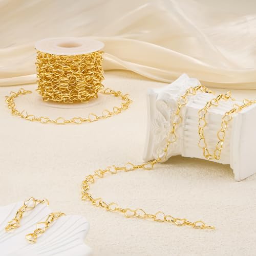YOUBEIYEE 16.4 Feet Heart Chain 18K Gold Plated Stainless Steel Chains Bulk for Jewelry Making - color: Heart Gold