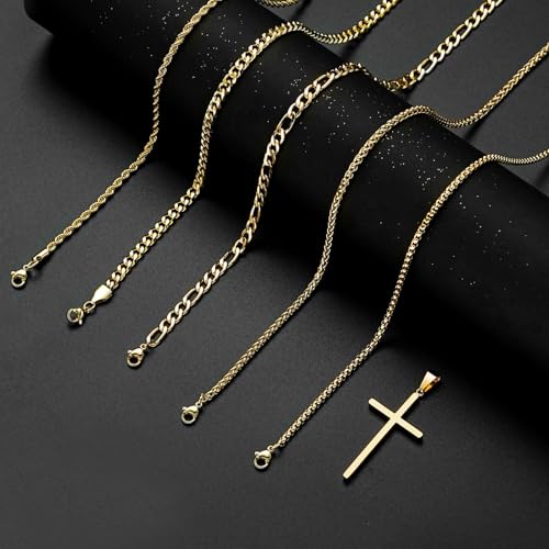 Stackable Gold/Silver Chain for Men, 6/7 Pcs Stainless Steel Cross Chain Mens Necklace Jewelry Set for Men, 5/6 Chains + 1 Cross Pendant
