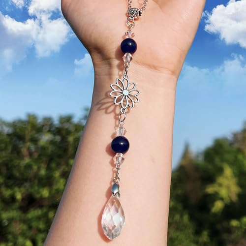 Car Rear View Mirror Accessories Dasiy Car Hanging Ornament, Beaded Crystal Rearview Decor Charm Handmade Blue Aquamarine Beaded Crystal Swinging Interior Decor for Women Men - color: Blue Jade-daisy