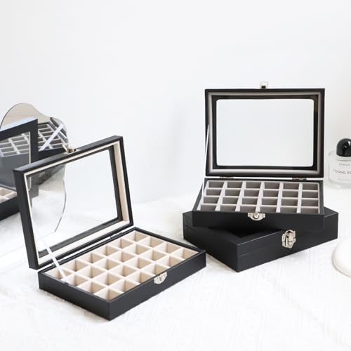 Wudygirl 24 Grid Jewelry Box Velvet Jewelry Organizer with Clear Lid Ring Holder for Drawers Earring Holder Organizer Ring Storage Jewelry Display Case for Women Girls (Beige) - style: Black Beige 24 Grid