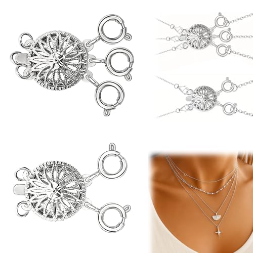 Layering Necklace Clasp, 14k Silver, Necklace Separator, Necklace Layering Clasps for Women's Tangle Free Safety Jewelry Locking Clasp Converter Chain Extender (2 PCS)