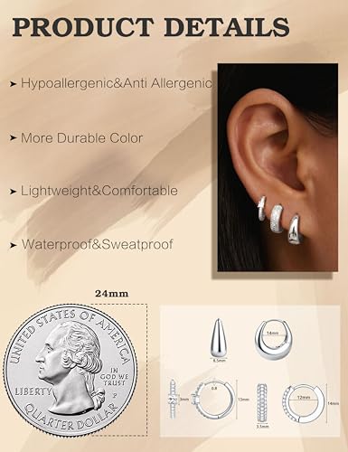 ORAZIO Small Gold Hoop Earrings for Women Hypoallergenic 14K Gold Plated Chunky Huggie Earring Sets for Multiple Piercing Dainty Earing Stacks Set Cute Silver Cartilage Jewelry Trendy Gifts - style: Silver Plated-Classic