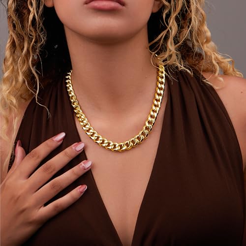 WomenGifts Cuban Link Chain Necklace for Women, Waterproof 14k Gold Silver Plated Chain Choker, Non Tarnish Stainless Steel Jewelry, 3.5/5/6/8/11mm,14/16/18 Inch Thin&Chunky&Thick - color: Gold, style: 11MM-18"