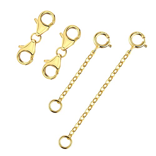 925 Sterling Silver Double Lobster Clasp and Necklace Extender Gold Plated Double Lobster Clasps Connector Bracelet Necklace Extension Clasp for Jewelry Making（4pcs） - color: A-Gold Lobster Clasp and Necklace Extender