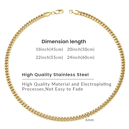4/6mm Cuban Link Chains for Men - Gold/Silver Plated Stainless Steel Miami Curb Chain Necklace - No Tarnish Hip Hop Mens Jewelry, 18"/20"/22"/24" - color: 6MM Gold Chain, size: 20inch
