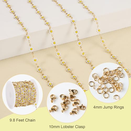 SMYHTGLIF 9.8 Feet White Flower Chain Bulk Stainless Steel Daisy Chain for Jewelry Making Gold Craft Jewelry Findings - color: White Gold