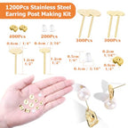 Earring Posts Stainless Steel, Flasoo 1200Pcs Hypoallergenic Earrings Posts and Backs, Gold Flat Pad Ear Ring Studs with Clutch for Earring Making and DIY Stud Earring Supplies - color: Gold
