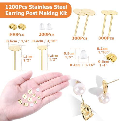 Earring Posts Stainless Steel, Flasoo 1200Pcs Hypoallergenic Earrings Posts and Backs, Gold Flat Pad Ear Ring Studs with Clutch for Earring Making and DIY Stud Earring Supplies - color: Gold
