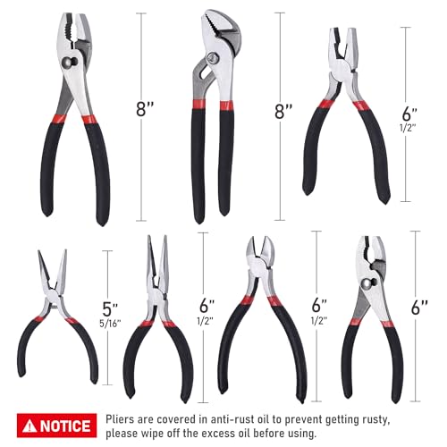 FASTPRO 7-piece Utility Pliers Set, Includes Slip Joint, Long Nose, Diagonal, Groove Joint, Linesman, and Mini Long Nose Pliers, Dipped Handle