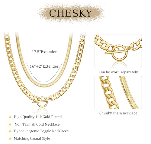 CHESKY 14K Gold Plated Chunky Necklace for Women, Trendy Paperclip Chain Necklace Thick Cross Heart Pendant Necklace Layered Herringbone Cuban Link Chain Toggle Necklaces Non Tarnish Jewelry - color: gold, style: cuban+herringbone