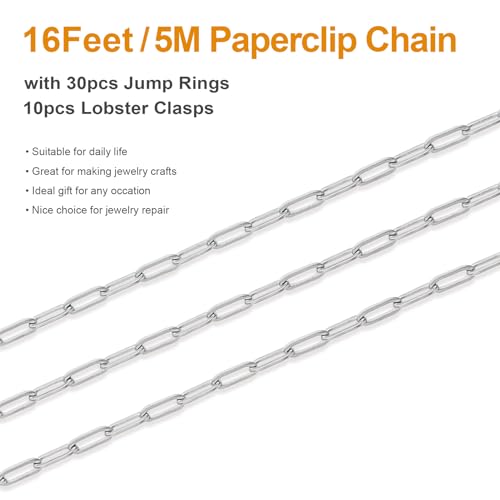 Kyutong 16.4 Feet Stainless Steel Chain Link with Spool Soldered Silver Chains for Jewelry Making 3MM Paperclip Necklace Chains Bulk for DIY Craft Bracelet Ankle Finding Supplies - color: 3mm Paperclip Silver