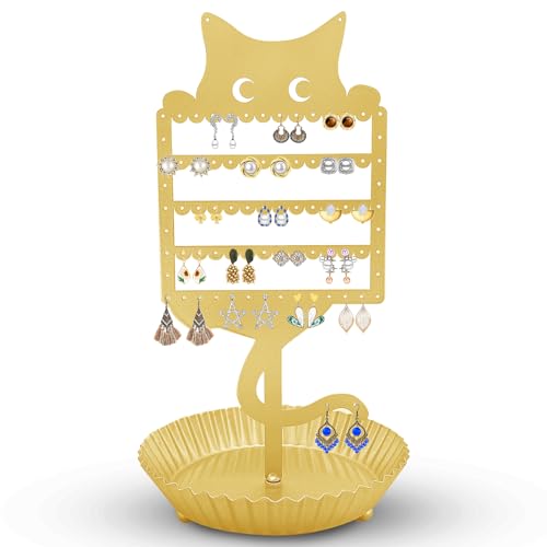 Earring Holder Hanging Organizer Stand Jewelry Rack Metal Cute Cat Tree Shelf Room Decor Table Ear Stud Holder Display Tower with Ring Storage Tray for Teens Girls Kids Cat Lovers (Gold) - color: Gold