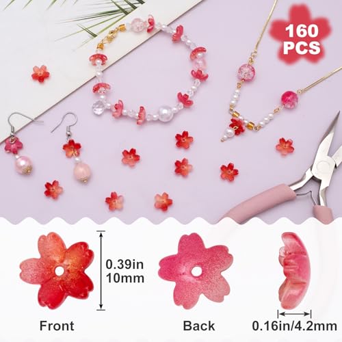 PAGOW 160 Pcs Glass Flower Beads, Flower Beads for Jewelry Making, Cherry Blossom Bead, Flowers Bead for Crafts, Bracelet Earring Necklace - color: Red Cherry-160pcs