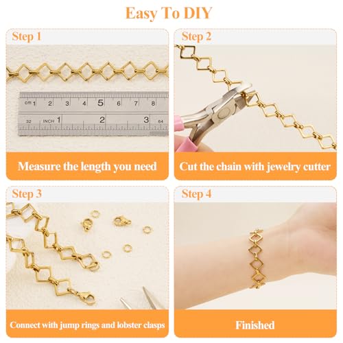 YOUBEIYEE 6.5 Feet Gold Plated Rhombic Link Chains Roll Strong Stainless Steel Chain for Jewelry Making - color: Rhombic Gold