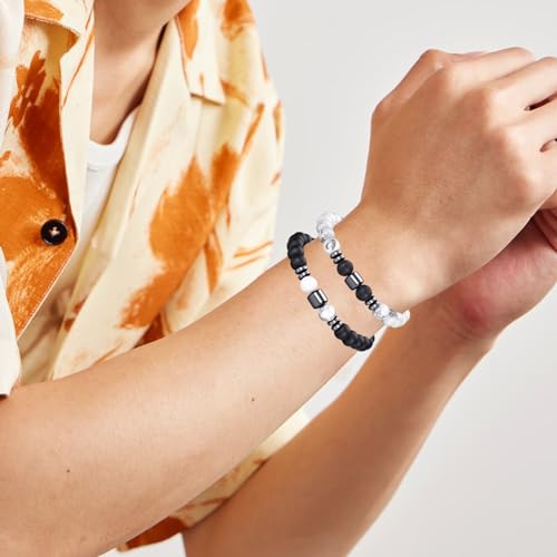 RANKEEF Tiger Eye Bracelet For Men 8MM Natural Stone Stretch Adjustable Black Crystal Beaded Bracelet for Men Women Gifts - color: 2,white,black bracelet