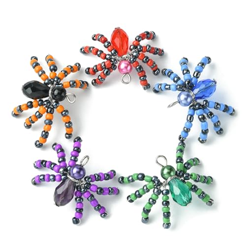 Ipotkitt 10 Pcs 5 Colors Halloween Glass Seed Spider Gothic Insect Crystal Mini Spider Charms with Platinum Brass Loops for Jewelry Making - color: 10pcs-Glass Spider Charms
