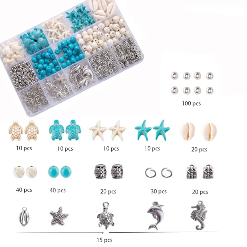 325Pcs Turquoise Sea Turtle Beads Blue and White Starfish Beads Tortoise Turtle Charms Summer Ocean Animal Spacer Bead Shell Bead for Jewelry Making DIY Bracelet Necklace Supplies(Box) - color: Blue and Silver