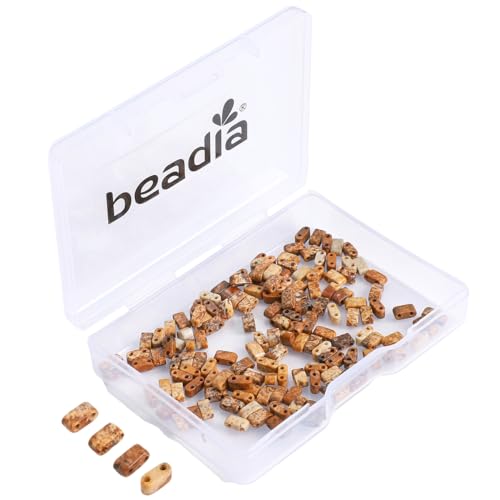 Beadia Natural Brown Picture Jasper Stone Tila Beads 5x2mm Rectangle 2-Hole Spacer Beads for DIY Bracelet Earring Making 15"/Strand - color: Brown Picture Jasper, size: 5x2mm