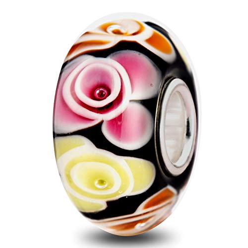 Murano Glass Charms Authentic 925 Sterling Silver Charms Core Red Flower Pink Love Heart White Yellow Glass Beads fit Pandora Style Bracelet for Women Wife Anniversary DIY Gift - color: color_95