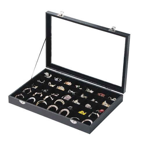 Coward Ring Earring Jewelry Organizer Box, 35 Grids Dustproof Display Holder Case, Black Velvet Jewelry Bead Display Tray Case with Transparent Glass Lid for Momen Girls - color: Black Velvet, size: 35Grids Box