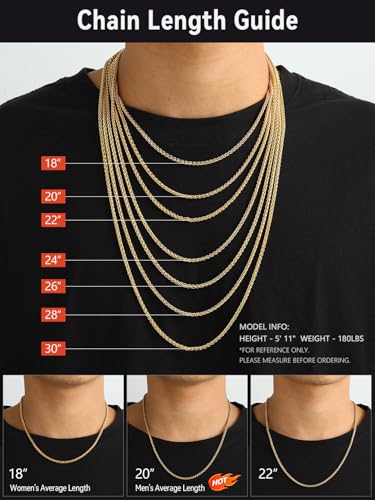 FaithHeart Stainless Steel Chains for Men, Silver/Black/14K Gold Plated Snake/Wheat/Box/Rope/Rolo Chain Necklace 16-30 Inches with Delicate Gift Box - color: 02. Spiga Chain-Gold, size: Length 20 Inches