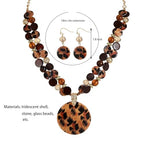 Layered Beads Statement Fashion Necklace Chunky Jewelry Set Big Colorful Glass Stone Circle Shell Pendant Choker Necklace and Earring Set for Women - color: leopard brown
