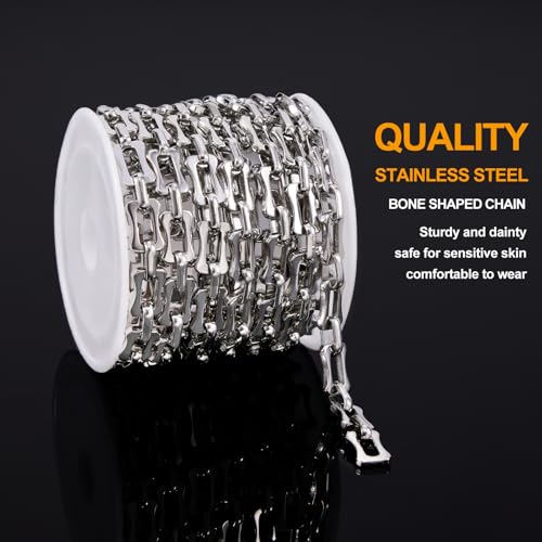 KYUNHOO 6.5FT/2M Stainless Steel Chunky Chains for Jewelry Making 10MM Long Bone Link Chain on Roll Silver Craft Jewelry with Clasps for Men Women DIY Necklace Bracelet - color: Bone Steel