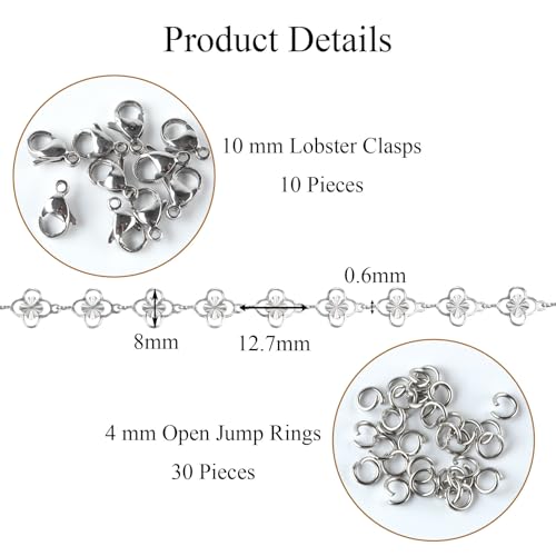 Jabogrii 16.4 Feet Silver Four Leaf Clover Jewelry Making Chains Roll Stainless Steel DIY Craft Chain Bulk for Jewelry Making - color: FLower Silver