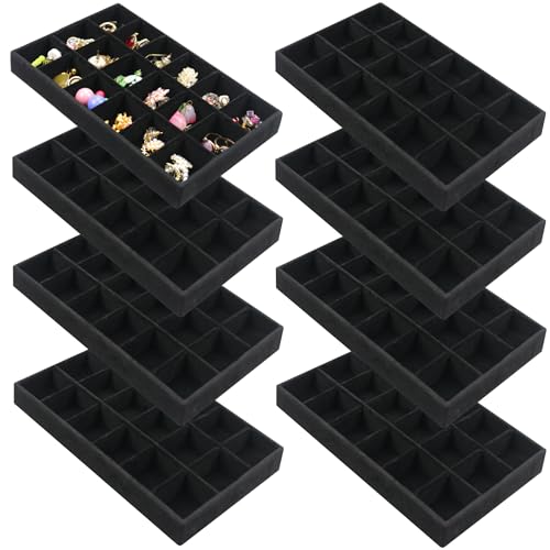 Set of 8 Earring Organizer Jewelry Trays Stackable Velvet Jewelry Dresser Drawer Organizer Removable Display Tray for Necklace Earring Ring, Black (144 Grid Total) - color: Black, size: Large (8.2'' x 5'' x 1'')
