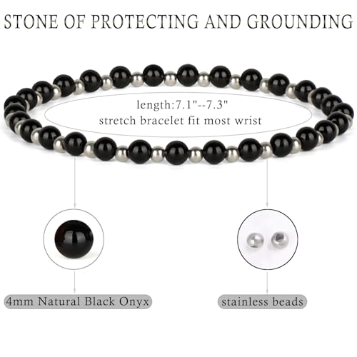 QOGIR 14k gold Handmade Healing Bracelet, Natural Gem Stone Crystal Elastic Gold Bracelet - color: Black Onyx Silver - Protecting and Grounding, size: 4m