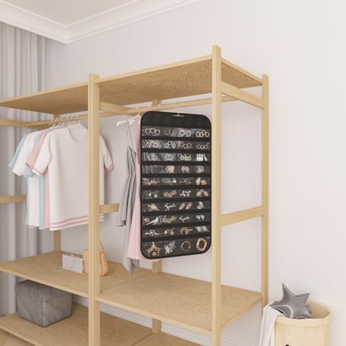 1 Pack Hanging Jewelry Organizer 80-Pocket Dual-sided Jewelry Storage for Earring Necklace Bracelet Ring Travel Holder, Black - color: Black