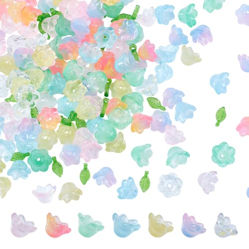 NBEADS 240 Pcs Glass Bell Flower Beads Kits, Lily Flower Glass Beads Leaf Shape Acrylic Beads for DIY Jewelry Making Beading Projects Bracelets Necklaces Earrings, Hole: 1.4mm - color: Mixed Color