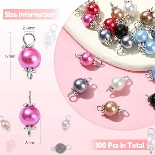 Ipotkitt 100 Pcs Colorful Pearlized Glass Pearl Charms Two Hole Round Links Charms End Drop Bead Connectors for DIY Jewelry Making - color: 100pcs-Glass Pearl Links-17x8mm
