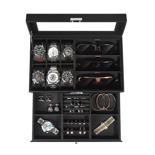 Jewelry Box for Men, 6 Slot Watch Box Jewelry Organizer With Drawer, Watch Case for Men with Large Window, 2-Layer Watch Holder, Sunglasses Storage Organizer, Velvet Lining, PU Leather, Gift Idea - color: All Black