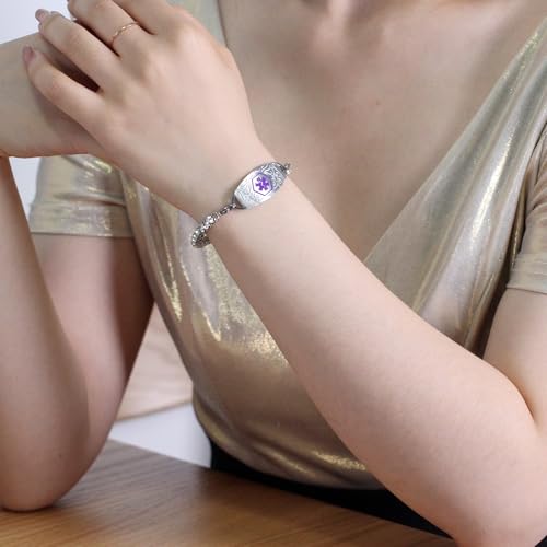 Women's Medical ID Bracelet with White Zircon Tennis Chain, Interchangeable Engraved Plate, Adjustable Lobster Clasp, Lightweight, Hypoallergenic, for Running, Outdoor, Daily Wear - color: Purple-ASTHMA