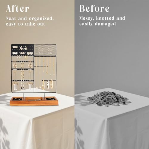 Jewelry Holder Organizer Stand, 4 Tier Earring Organizer with 84 Holes Ear Stud, Jewelry Display with Earring Necklace Bracelet Holder, Jewelry Organizer Holder with Wood Basic stand (Black+Brown) - color: Black+Brown