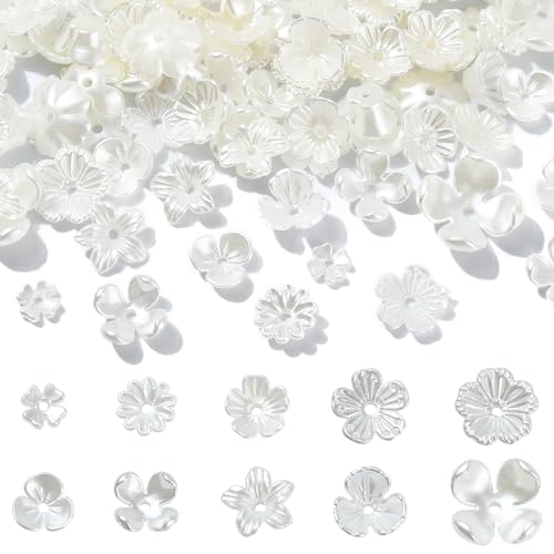 Ipotkitt 200 Pcs 10 Styles White Acrylic Flower Bead Caps ABS Plastic Spring Beads Imitation Pearl Flower Shaped Bead Caps Floral End Caps for DIY Craft Necklaces Bracelets Jewelry Making - color: 200pcs-White Flower Bead Caps-6.5~14.5mm
