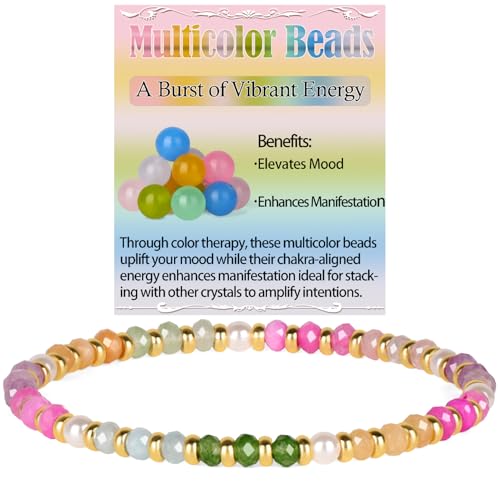 QOGIR 14k gold Handmade Healing Bracelet, Natural Gem Stone Crystal Elastic Gold Bracelet - color: 01- Multicolor Beads, size: 4m