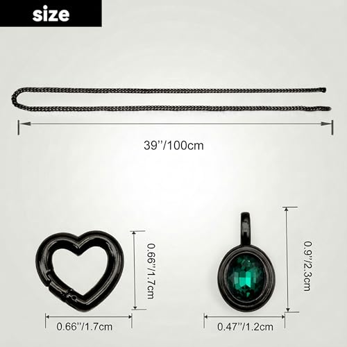 Heart Slip Chain Necklace for Women, 39 Inch Cuban Chain, Removable Heart O-Ring, Crystal Pendant, Adjustable Stainless Steel Y-Necklace - color: Black-Green