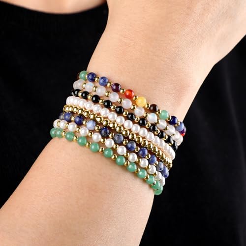 QOGIR 14k gold Handmade Healing Bracelet, Natural Gem Stone Crystal Elastic Gold Bracelet - color: 14k Gold Plated Beads, size: 4m